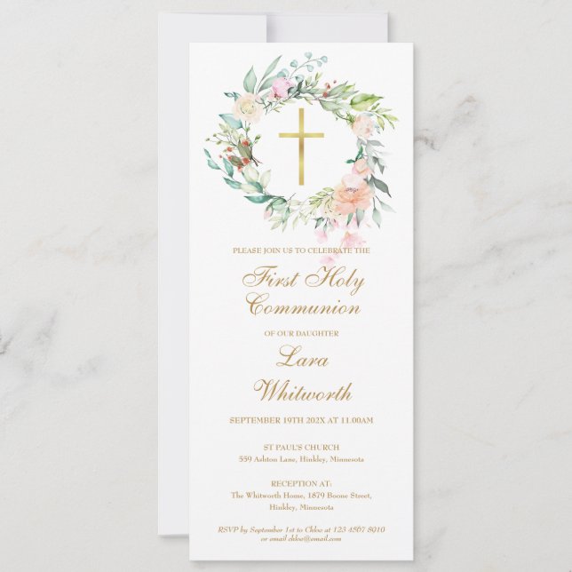 Invitation de première communion avec croix dorée  (Devant)
