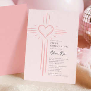 Invitation de Première Communion avec croix et cœu
