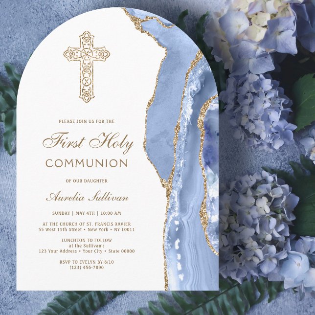 Invitation de première communion en agate bleu ble (Créateur téléchargé)