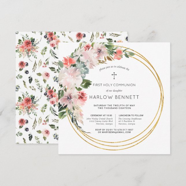 Invitation de première communion Fleurs Élégantes (Devant / Derrière)