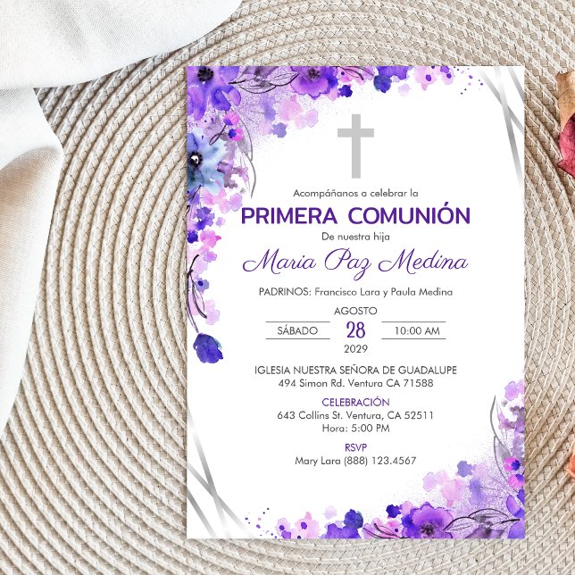 Invitation de Première Communion Fleurs Violettes  (Créateur téléchargé)
