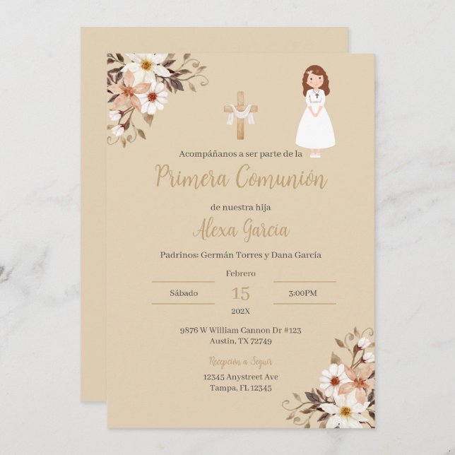 Invitation de première communion florale beige (Devant / Derrière)