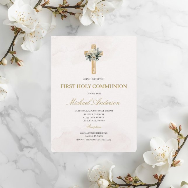 Invitation de première communion florale beige (Créateur téléchargé)