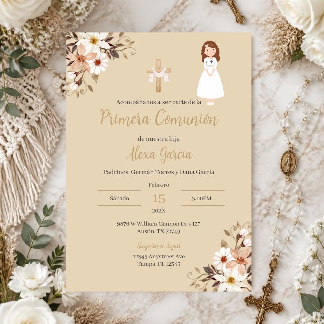 Invitation de première communion florale beige (Créateur téléchargé)