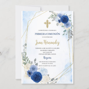 Invitation de première communion florale bleu pous