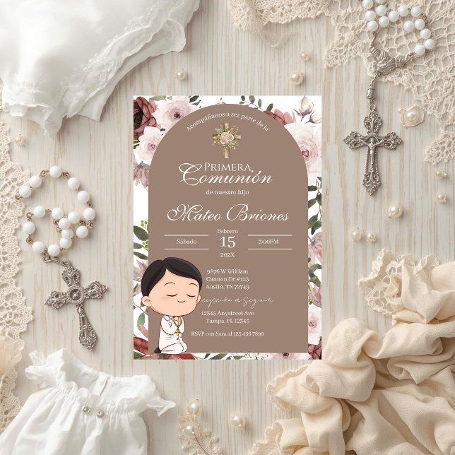 Invitation de première communion florale boho (Créateur téléchargé)