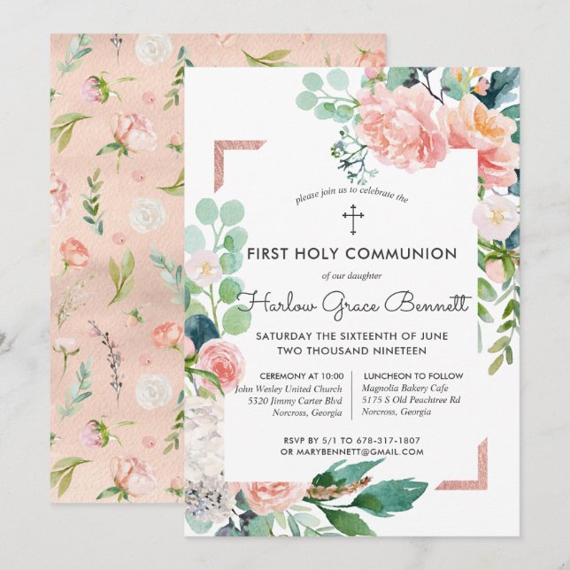 Invitation de première communion florale estivale  (Devant / Derrière)