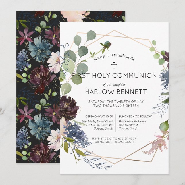 Invitation de première communion florale géométriq (Devant / Derrière)