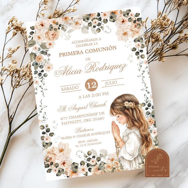 Invitation de première communion florale neutre Bo (Créateur téléchargé)