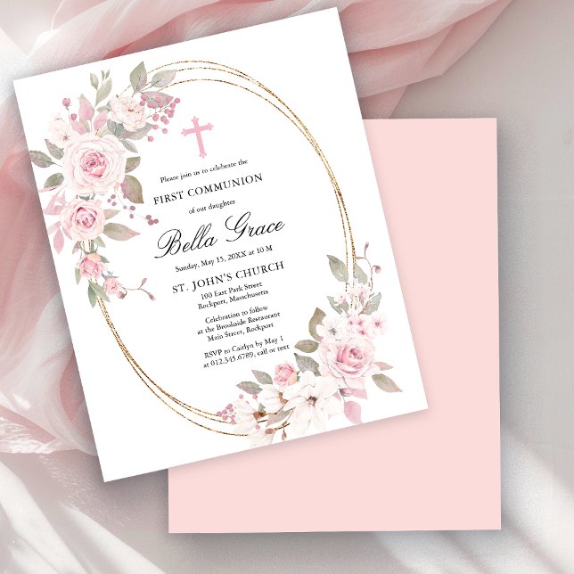 Invitation de première communion florale rose bon  (Créateur téléchargé)