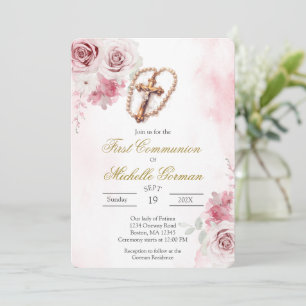 Invitation de première communion florale rose Cruc