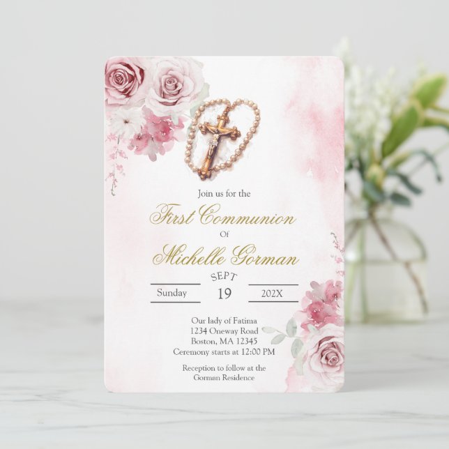 Invitation de première communion florale rose Cruc (Debout devant)