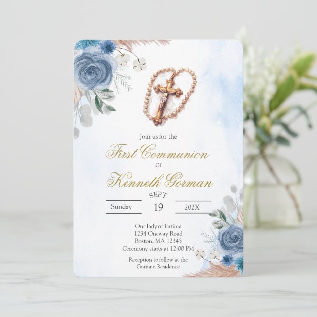 Invitation de première communion florale rose Cruc (Debout devant)