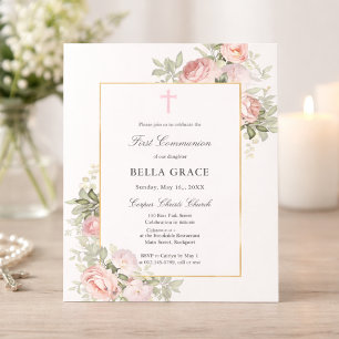 Invitation de première communion florale rose past