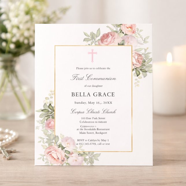 Invitation de première communion florale rose past (Créateur téléchargé)