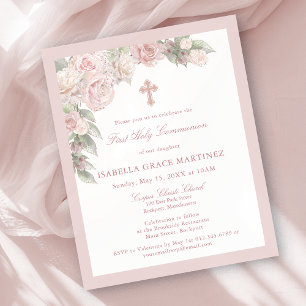 Invitation de première communion florale rose past