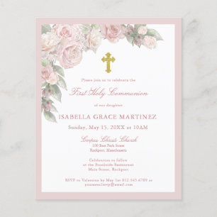 Invitation de première communion florale rose rose