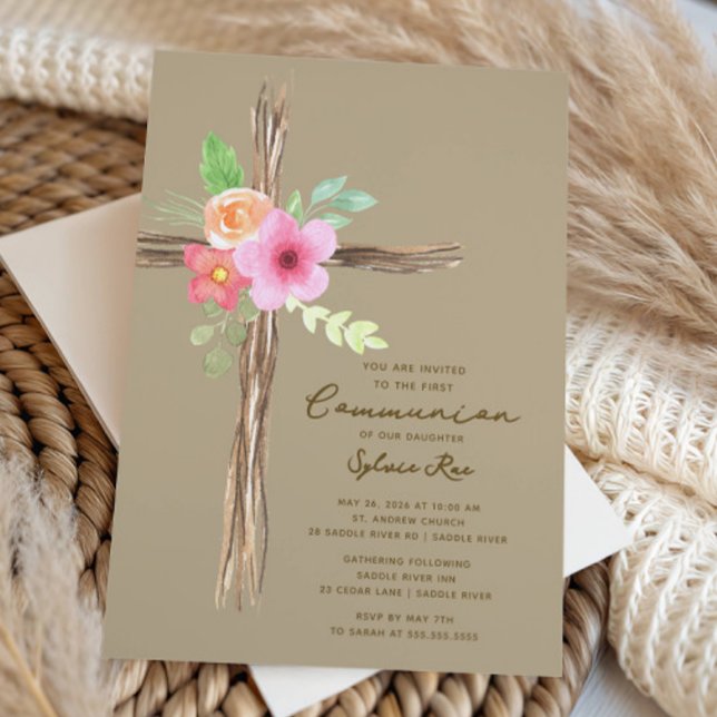 Invitation de première communion florale rustique (Créateur téléchargé)