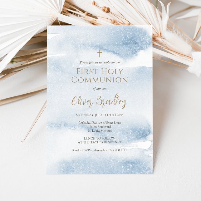 Invitation de première communion garçon aquarelle  (Blue Watercolor Boy First Communion Invitation)