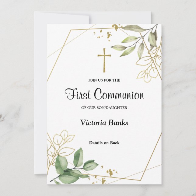 Invitation de première communion Greenery Gold (Devant)