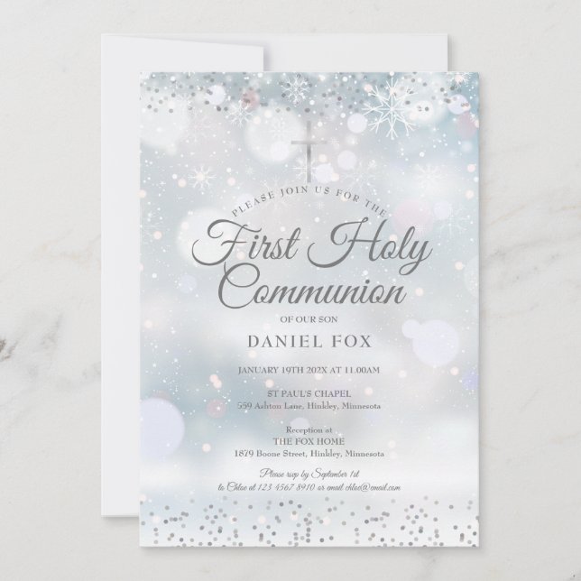 Invitation de première communion hivernale argenté (Devant)