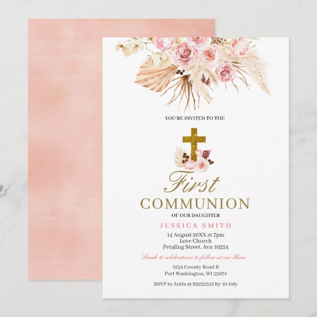 Invitation de première communion Pampas Grass (Devant / Derrière)