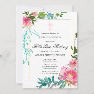 Invitation de première communion Pink Peony