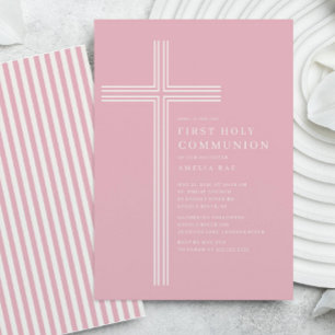 Invitation de première communion rayée rose