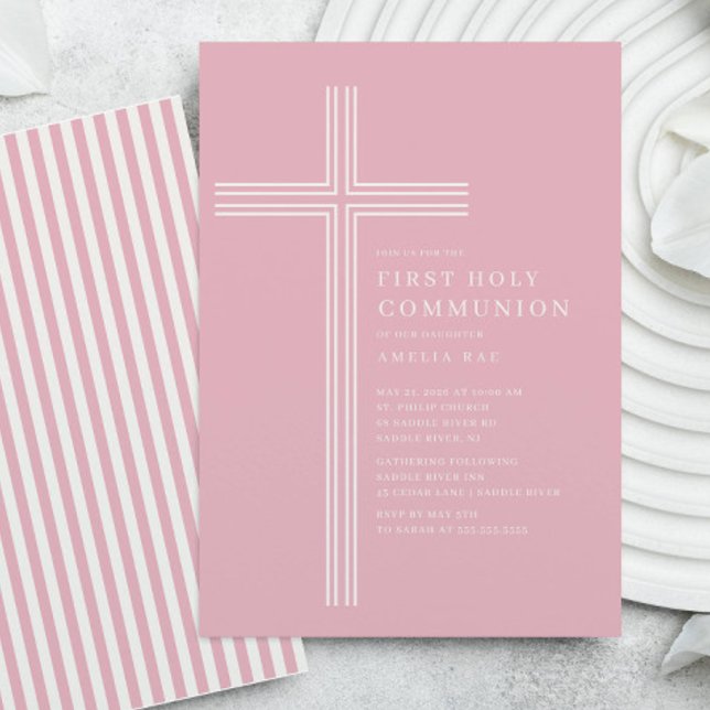 Invitation de première communion rayée rose (Créateur téléchargé)