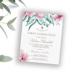 Invitation de première communion rose florale à pe