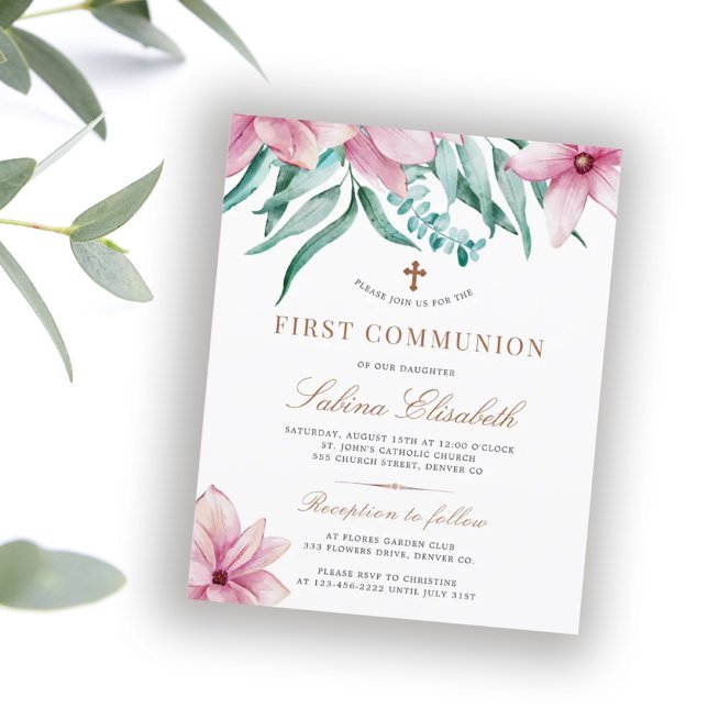 Invitation de première communion rose florale à pe (Créateur téléchargé)