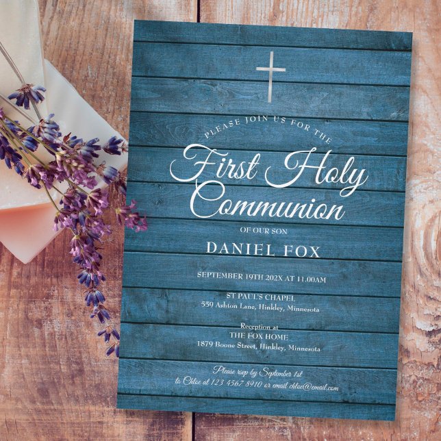 Invitation de première communion rustique bleue en (Créateur téléchargé)