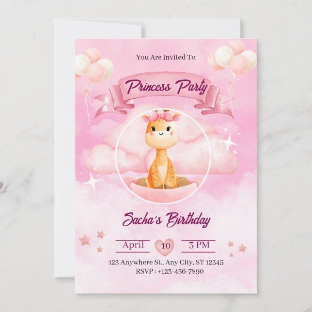 Invitation de princesse illustrative aquarelle ros (Devant)