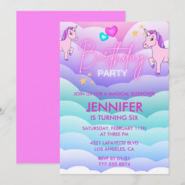 Invitation de pyjama licorne 6ème anniversaire Ros (Devant / Derrière)