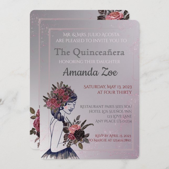 Invitation de Quinceañera (Devant / Derrière)
