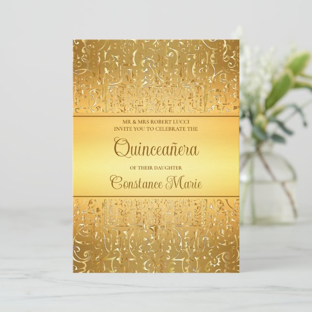 Invitation de Quinceanera à cadre doré Glam (Debout devant)