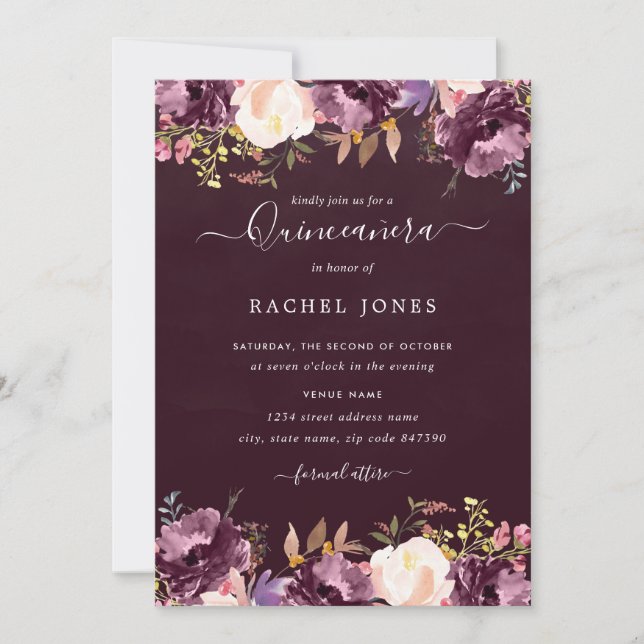 Invitation de Quinceañera à fleurs aquarelle viole (Devant)