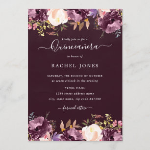 Invitation de Quinceañera à fleurs aquarelle viole