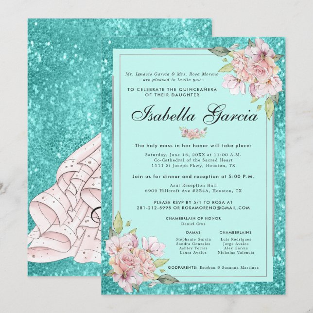 Invitation de Quinceañera à fleurs bleu sarcelle p (Devant / Derrière)