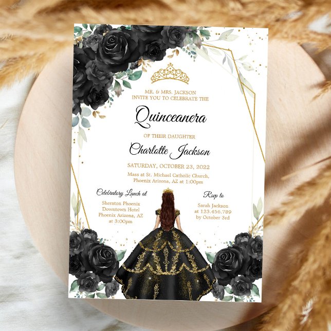 Invitation de Quinceanera à fleurs noires (Créateur téléchargé)