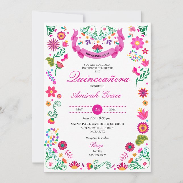Invitation de Quinceañera à la broderie mexicaine  (Devant)