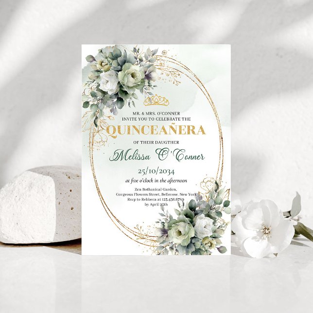Invitation de Quinceañera à l'aquarelle en or vert (Green Gold Watercolor Quinceañera Invitation)