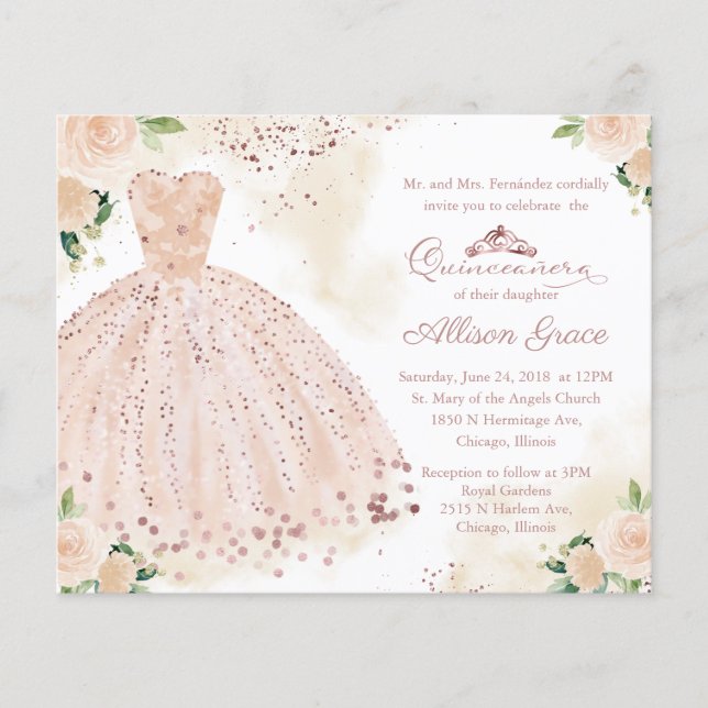Invitation de Quinceanera à petit budget Robe Rose (Devant)