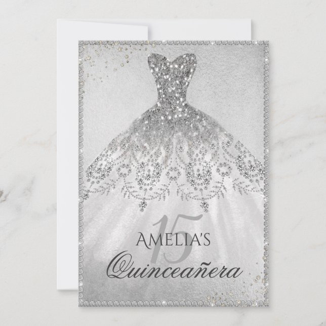 Invitation de Quinceañera à robe argentée scintill (Devant)