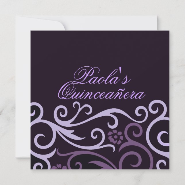 Invitation de Quinceañera à tourbillon floral viol (Devant)