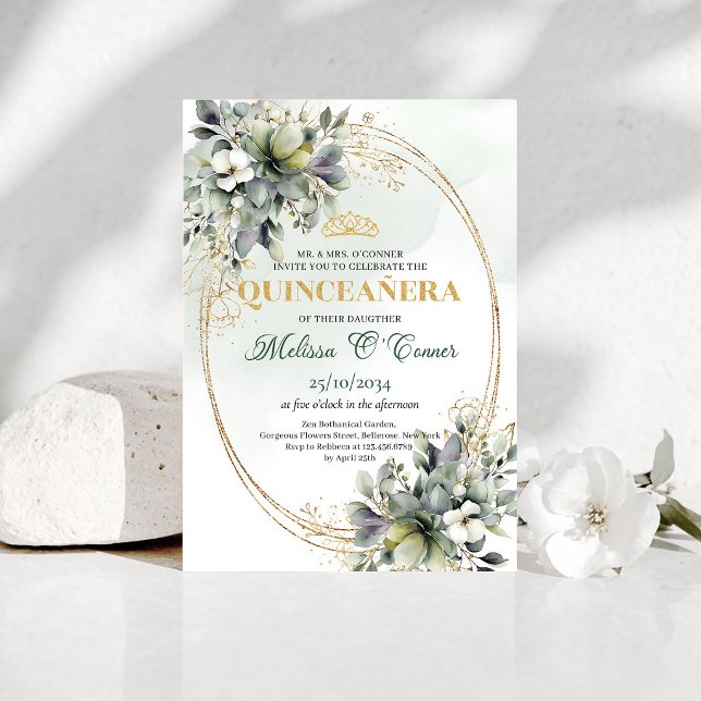 Invitation de Quinceañera aquarelle vert botanique (Dusty Green Botanical Quinceañera Watercolor Invite)