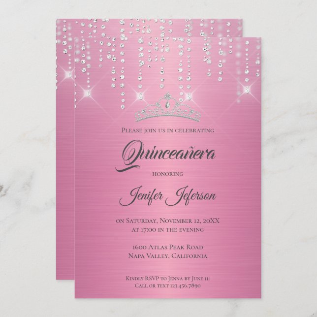 Invitation de Quinceanera argent scintillant (Devant / Derrière)