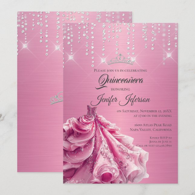 Invitation de Quinceanera argent scintillant goutt (Devant / Derrière)