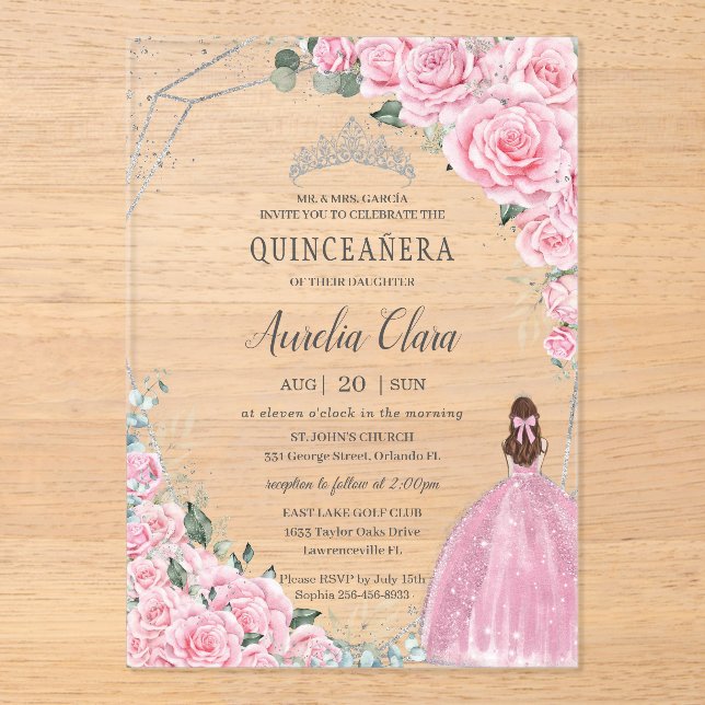 Invitation de Quinceañera Argentée Princesse Fleur (Recto)