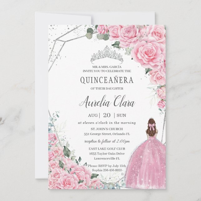 Invitation de Quinceañera Argentée Princesse Fleur (Devant)